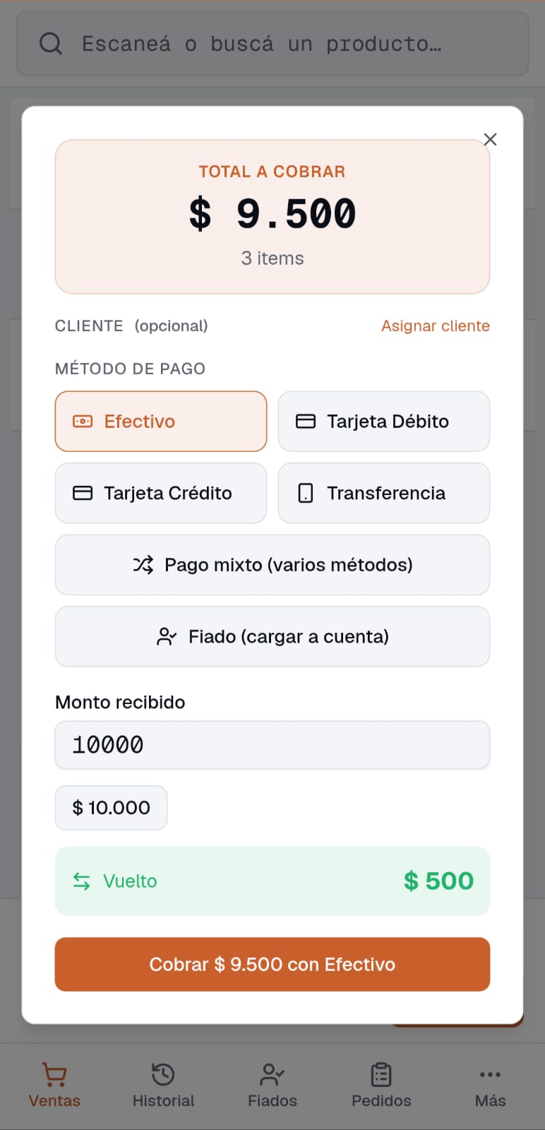 Cobro en el celular con Queltra, mostrando el vuelto